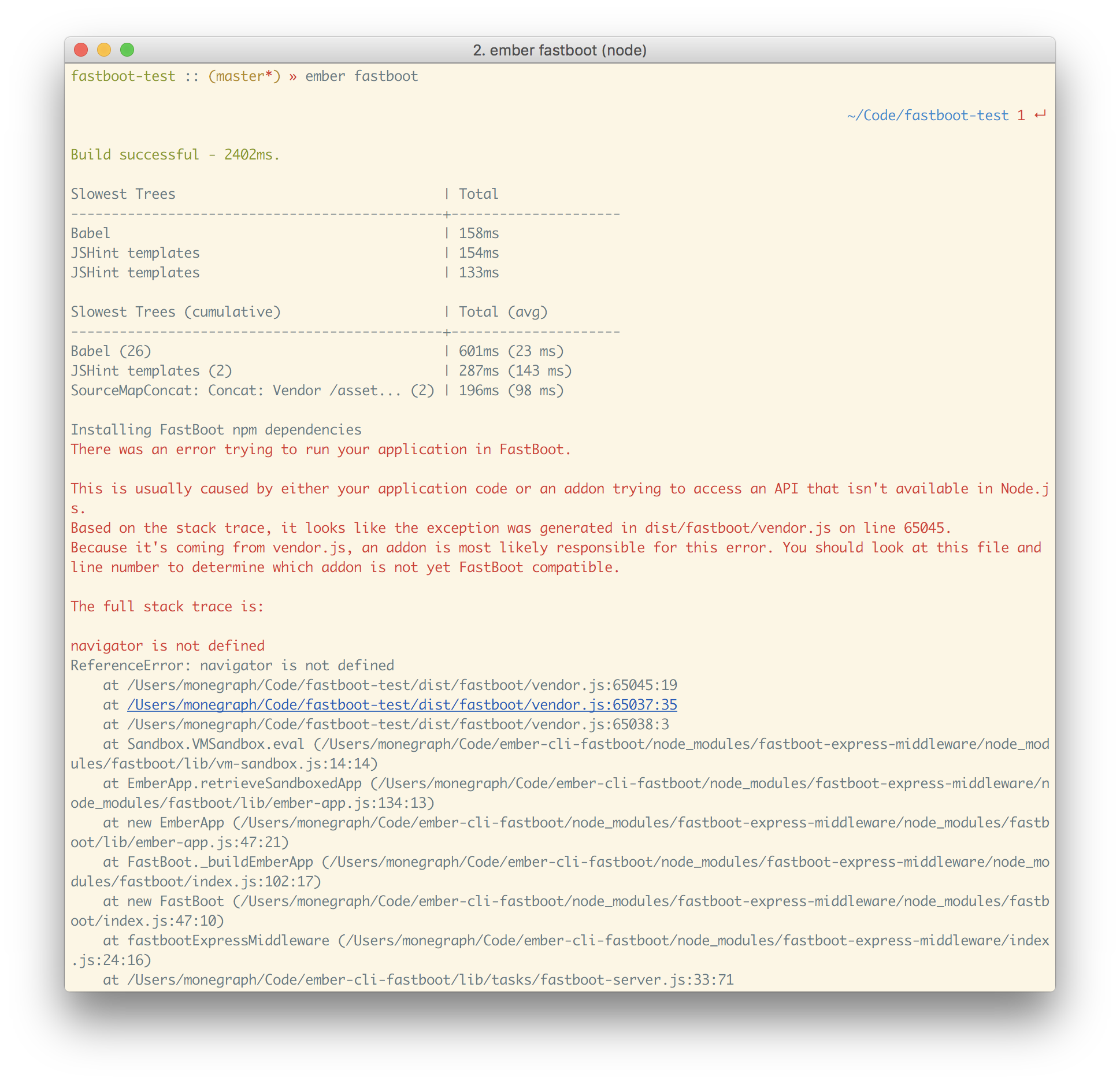 Example error message and stack trace from an incompatible addon